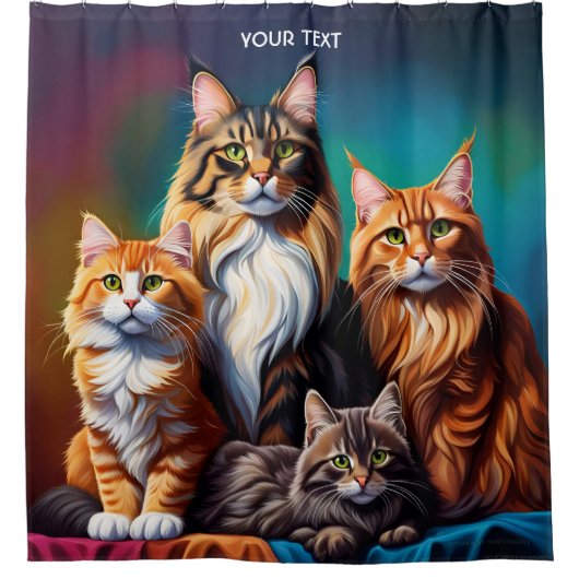Fantasy Schattigee Vivid Maine Coon Familie Douchegordijn (Voorkant)