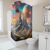 Fantasy Schattigee Vivid Mountains Planeten Schip Douchegordijn (In situ)