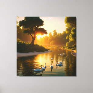 Fantasy Schattigee Vivid Swans Sunset Forest. Perf Canvas Afdruk