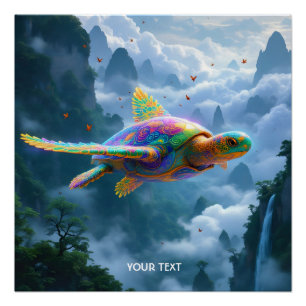 Fantasy Schattigee Vliegende Regenboog Schildpad Perfect Poster