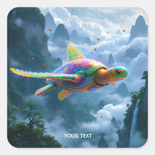 Fantasy Schattigee Vliegende Regenboog Schildpad Vierkante Sticker