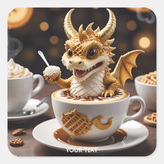 Fantasy Schattigee Waffle Dragon Coffee Vierkante Sticker (Voorkant)
