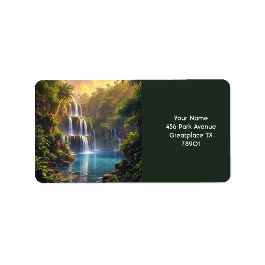 Fantasy Schattigee Waterval Sunset Oerwoud Etiket (Voorkant)