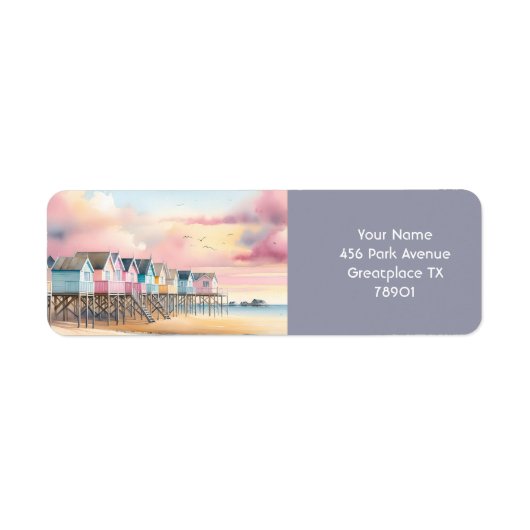 Fantasy Schattigee Waterverf Beach Huts Etiket (Voorkant)