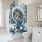 Fantasy Schattigee Winter Kitten Sneeuw Douchegordijn (In situ)