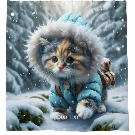 Fantasy Schattigee Winter Kitten Sneeuw Douchegordijn (Voorkant)