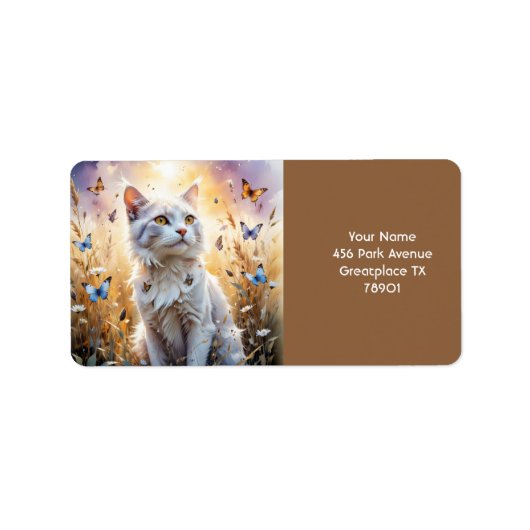 Fantasy Schattigee Witte Kat Vlinders Etiket (Voorkant)