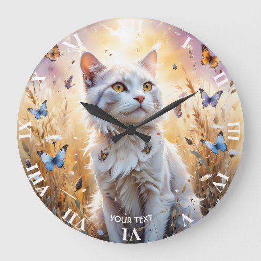 Fantasy Schattigee Witte Kat Vlinders Grote Klok (Voorkant)