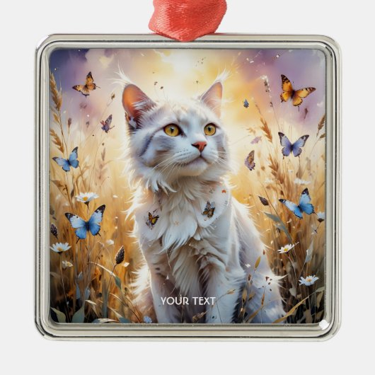 Fantasy Schattigee Witte Kat Vlinders Metalen Ornament (Voorkant)