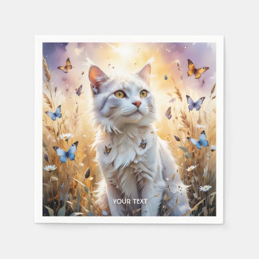 Fantasy Schattigee Witte Kat Vlinders Servet (Voorkant)