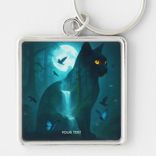 Fantasy Schattigee zwarte surrealistische kat Sleutelhanger (Voorkant)