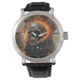 Fantasy schedel trein vlammen wrak horloge
