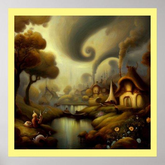 Fantasy Schilderij 5 - Dorpslandschap Poster (Voorkant)
