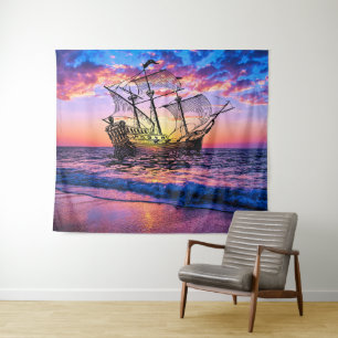 Fantasy schip op het Zee - Abstracte oceaan zonson Wandkleed