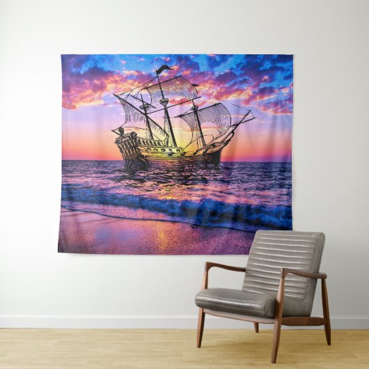 Fantasy schip op het Zee - Abstracte oceaan zonson Wandkleed (In Situ (horizontaal))