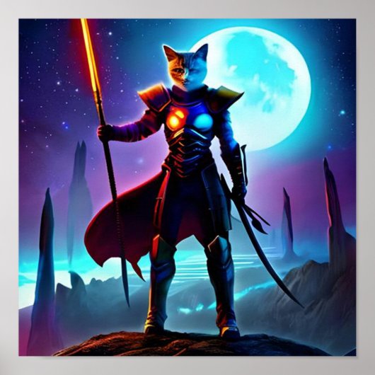 Fantasy Sci-fi Cat Warrior Digital Art Poster (Voorkant)