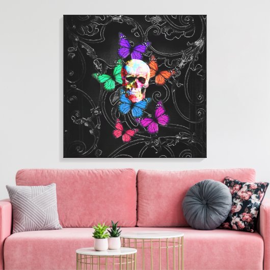 Fantasy skull and colored butterflits canvas afdruk (Insitu (Woonkamer))