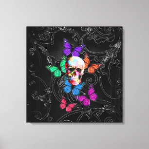 Fantasy skull and colored butterflits canvas afdruk