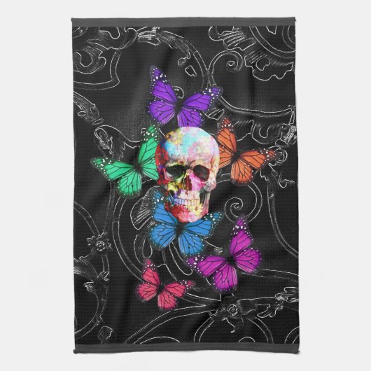 Fantasy skull and colored butterflits theedoek (Verticaal)