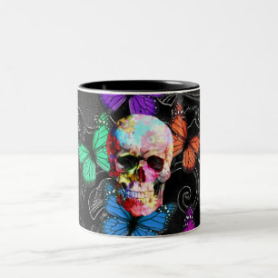 Fantasy skull and colored butterflits tweekleurige koffiemok