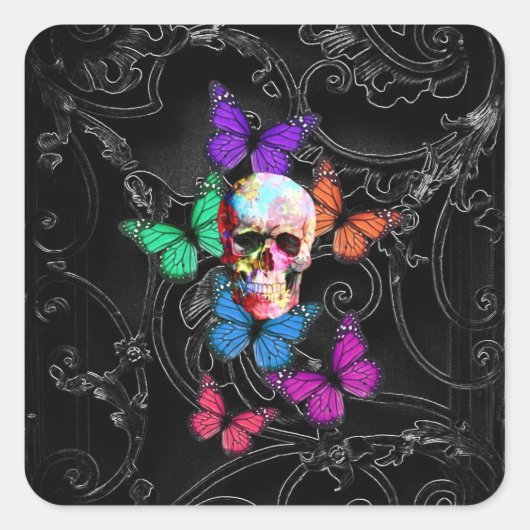 Fantasy skull and colored butterflits vierkante sticker (Voorkant)