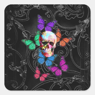 Fantasy skull and colored butterflits vierkante sticker