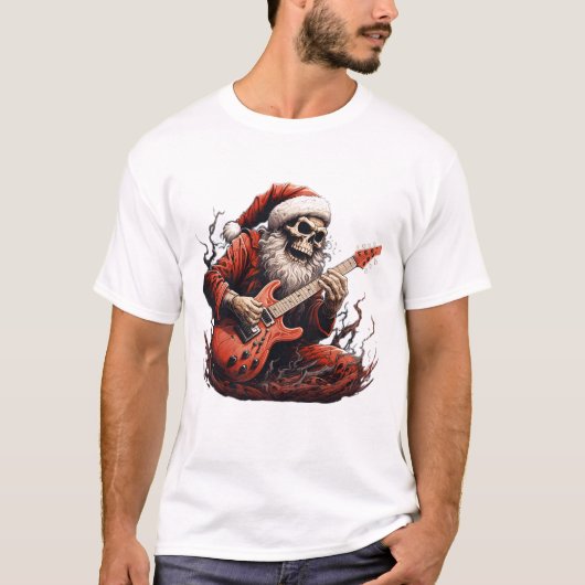 Fantasy Skull Skelet Santa Spelen Gitaar Bossen T-shirt (Voorkant)