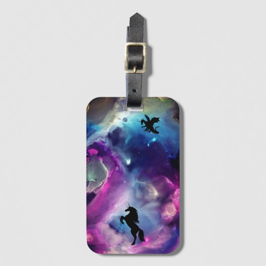 Fantasy Space Nebula Unicorn Dragon Roze blauw Bagagelabel (Voorkant (verticaal))