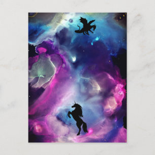 Fantasy Space Nebula Unicorn Dragon Roze blauw Briefkaart