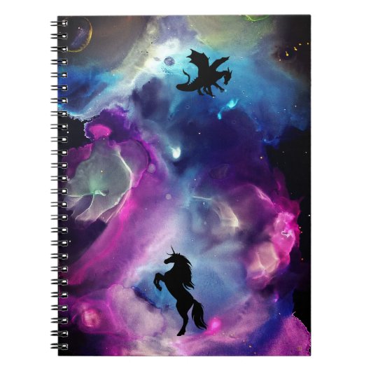 Fantasy Space Nebula Unicorn Dragon Roze blauw Notitieboek (Voorkant)