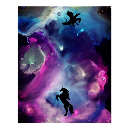 Fantasy Space Nebula Unicorn Dragon Roze blauw Perfect Poster (Voorkant)