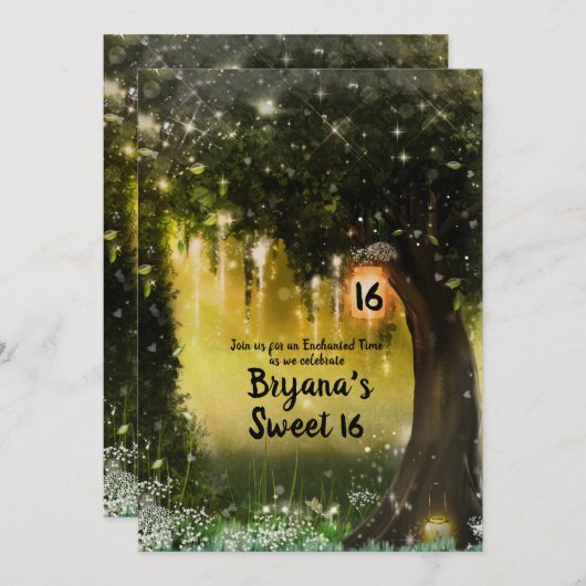 Fantasy Sparkle Enchanted Green Forest Sweet 16 Kaart (Voorkant / Achterkant)