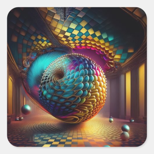 Fantasy Sphere in Checkerboard Hall Vierkante Sticker (Voorkant)