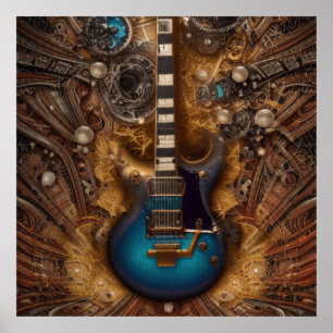Fantasy Steampunk Blue Guitar Waterverf Poster
