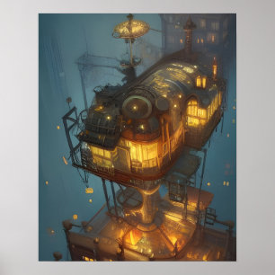 Fantasy Steampunk City Aerial Uitzicht Poster