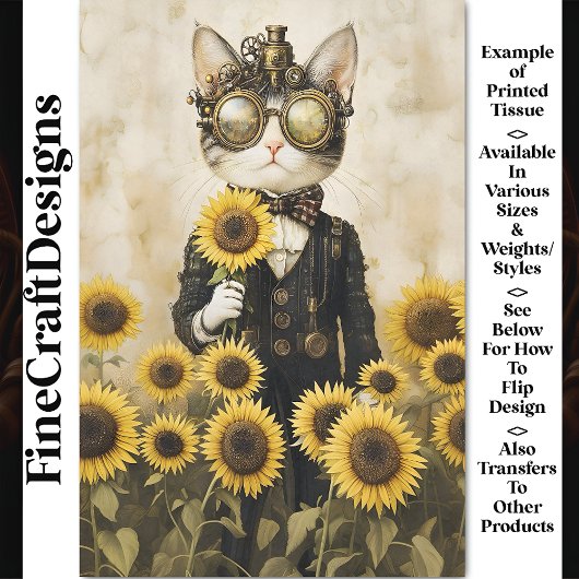 Fantasy Steampunk Kat, Zonnebloemen AL1F Découpage Tissuepapier