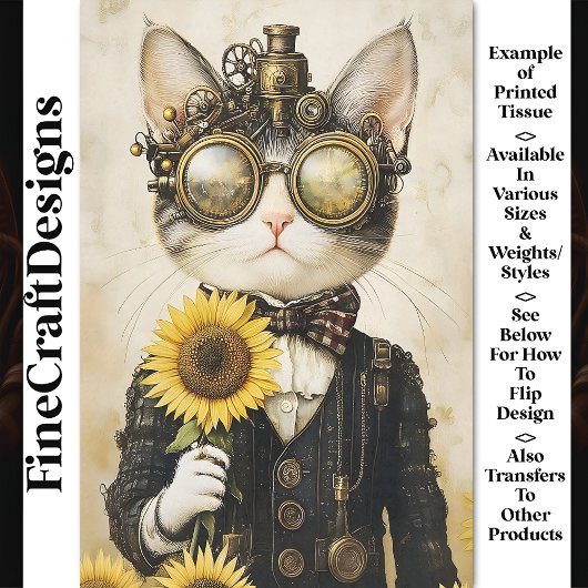 Fantasy Steampunk Kat, Zonnebloemen AL1H Découpage Tissuepapier