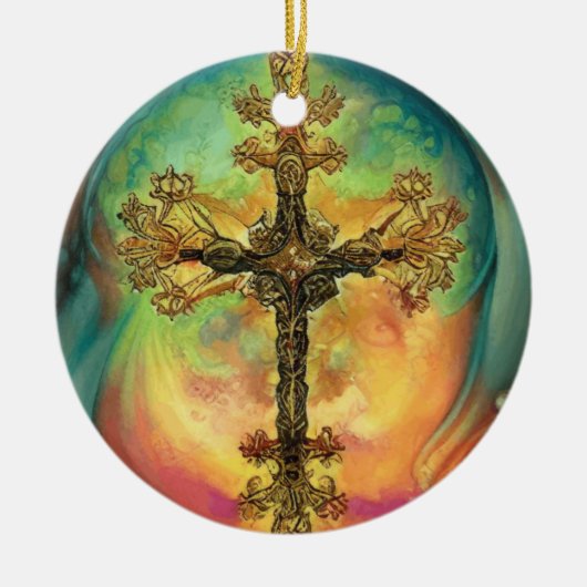 Fantasy Steampunk Kruis in Aqua Keramisch Ornament (Voorkant)