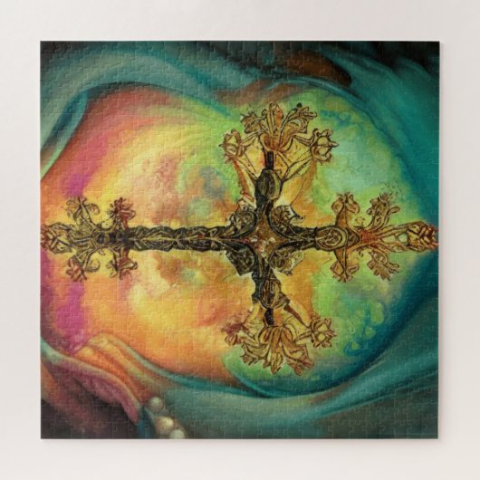 Fantasy Steampunk Kruis in Aqua Waterverf Legpuzzel (Horizontaal)