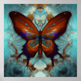 Fantasy Steampunk Oranje Butterfly Aqua Waterverf Poster
