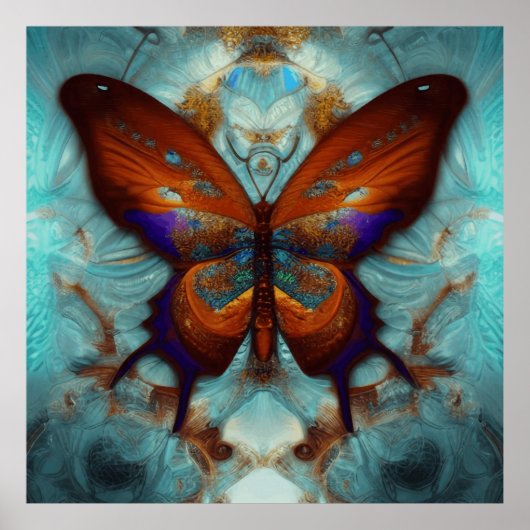 Fantasy Steampunk Oranje Butterfly Aqua Waterverf Poster (Voorkant)
