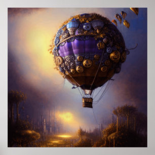 Fantasy Steampunk Paarse  luchtballon Poster