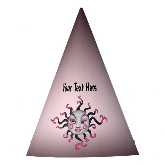 Fantasy Sun gezicht Roze zwarte stralen met schui Feesthoedjes (Voorkant)