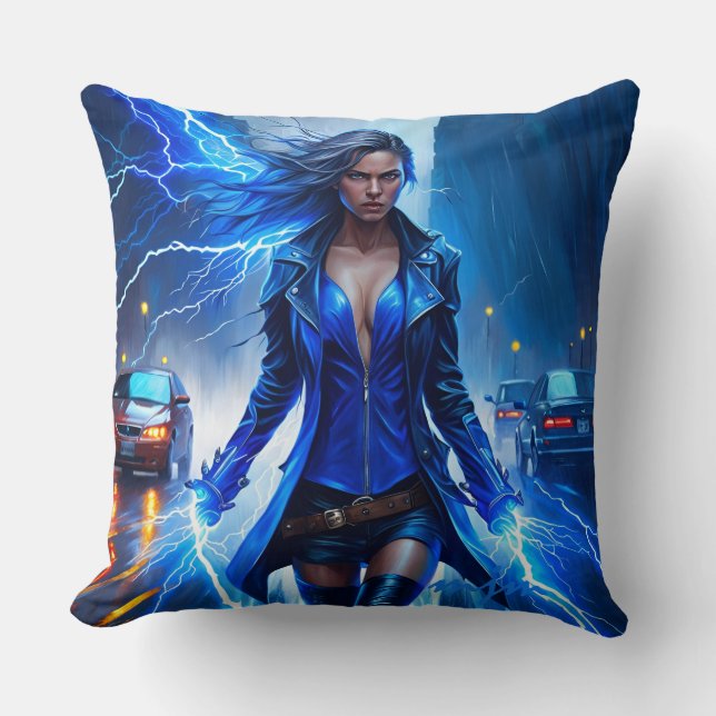 Fantasy Super Hero Meisje Met Bliksemkracht Kussen (Voorkant)