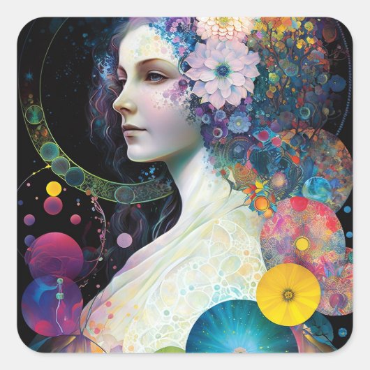 Fantasy Surreal Cosmic Woman Goddess Vierkante Sticker (Voorkant)