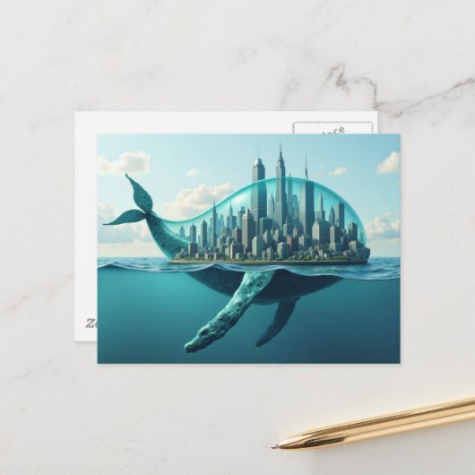 Fantasy Surreal Walvis Stad Briefkaart (Voorkant / Achterkant in situ)