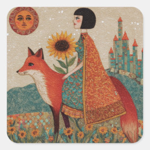 Fantasy Surrealistische Vrouw en Haar Rode Vos Vierkante Sticker