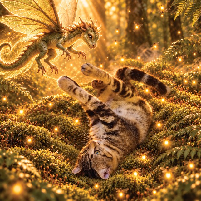 Fantasy Tabby Kat & Draak Betoverd Bos Kussen (Creator heeft geüpload)
