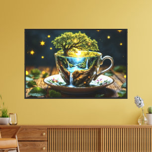 Fantasy theekopje miniatuur wereld watervallen canvas afdruk