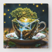 Fantasy theekopje miniatuur wereld watervallen vierkante klok (Voorkant)